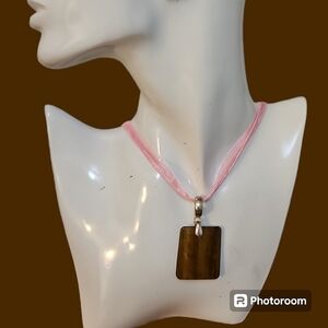 Tiger Eye Vertical Rectangle Pendant Ribbon Necklace